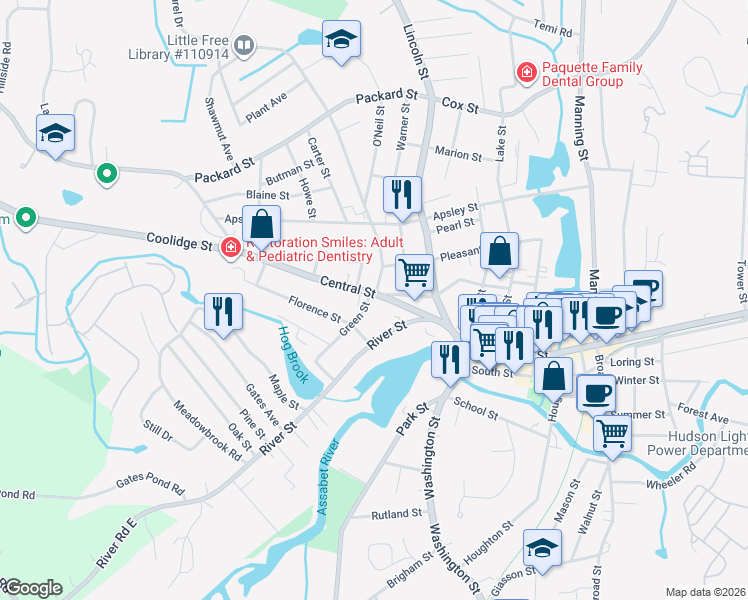 map of restaurants, bars, coffee shops, grocery stores, and more near 42 Central Street in Hudson
