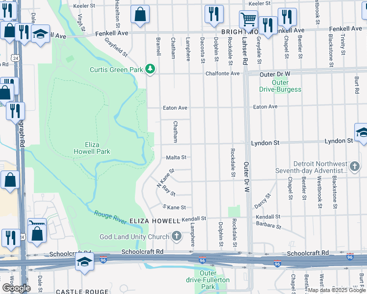 map of restaurants, bars, coffee shops, grocery stores, and more near 22431 Lyndon Street in Detroit