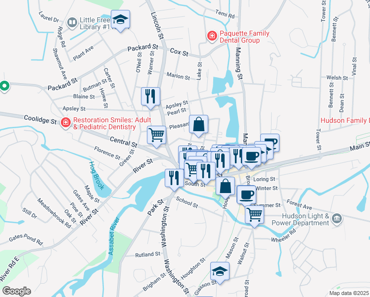 map of restaurants, bars, coffee shops, grocery stores, and more near 20 Felton Street in Hudson