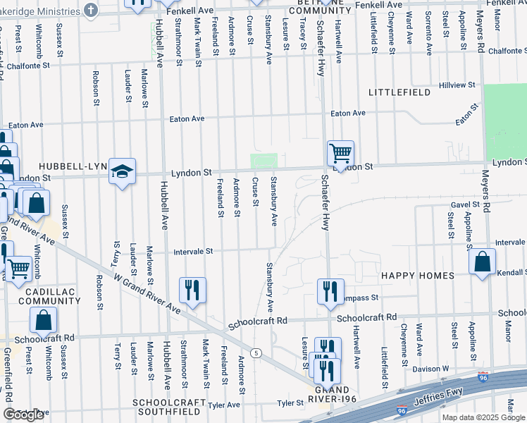 map of restaurants, bars, coffee shops, grocery stores, and more near 14326 Cruse Street in Detroit