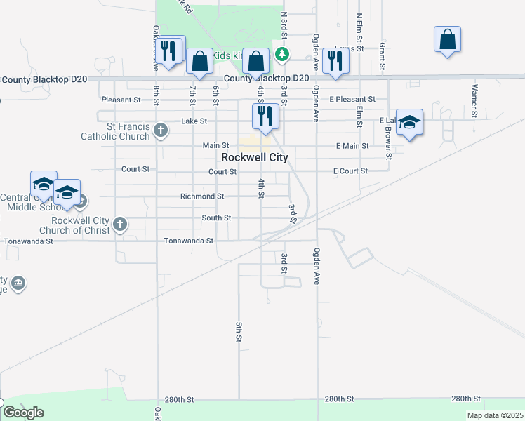 map of restaurants, bars, coffee shops, grocery stores, and more near 618 4th Street in Rockwell City