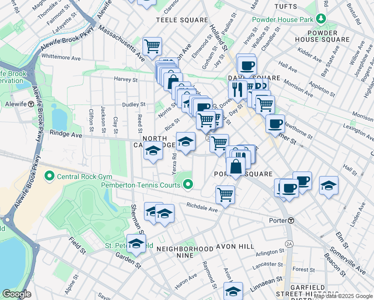 map of restaurants, bars, coffee shops, grocery stores, and more near 77 Rindge Avenue in Cambridge
