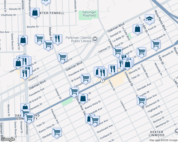 map of restaurants, bars, coffee shops, grocery stores, and more near 3046 Grand Street in Detroit