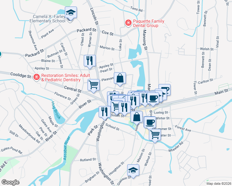 map of restaurants, bars, coffee shops, grocery stores, and more near 20 Felton Street in Hudson