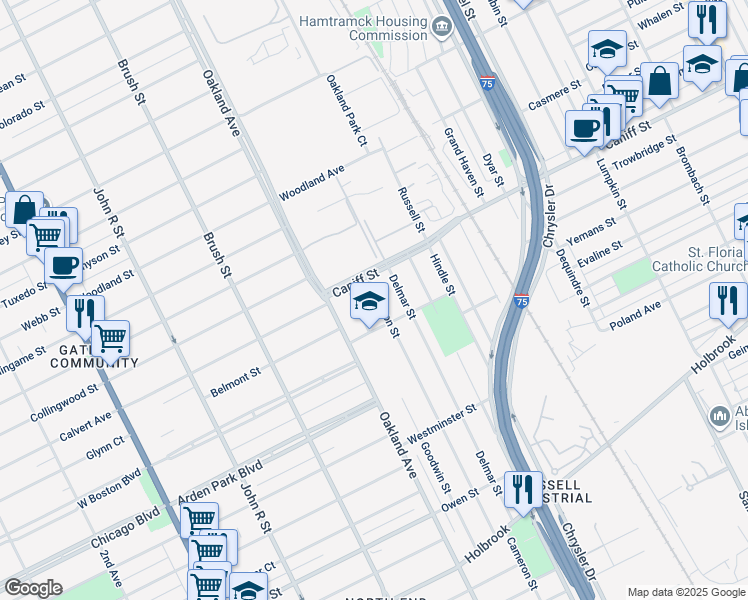 map of restaurants, bars, coffee shops, grocery stores, and more near 10296 Goodwin Street in Detroit