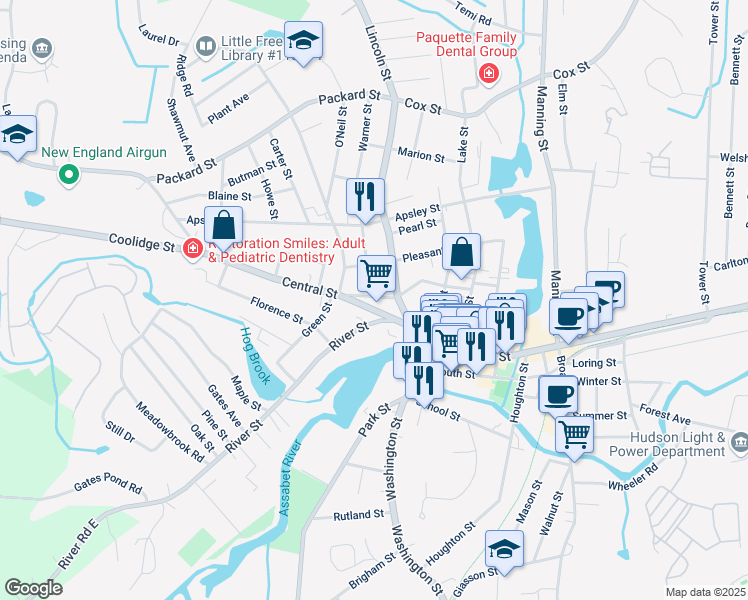 map of restaurants, bars, coffee shops, grocery stores, and more near 15 Rice Street in Hudson