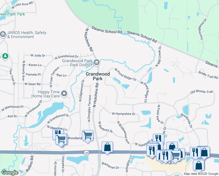 map of restaurants, bars, coffee shops, grocery stores, and more near 18007 West Pond Ridge Circle in Gurnee