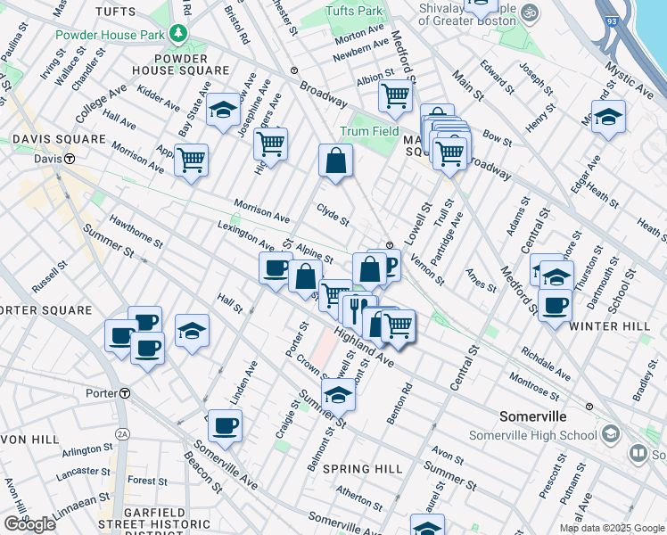 map of restaurants, bars, coffee shops, grocery stores, and more near 49 Alpine Street in Somerville