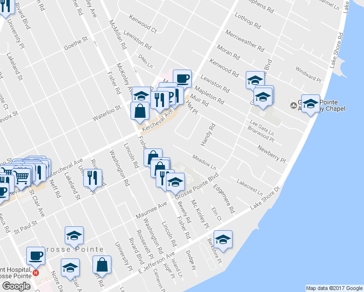 map of restaurants, bars, coffee shops, grocery stores, and more near 120 Meadow Lane in Grosse Pointe Farms