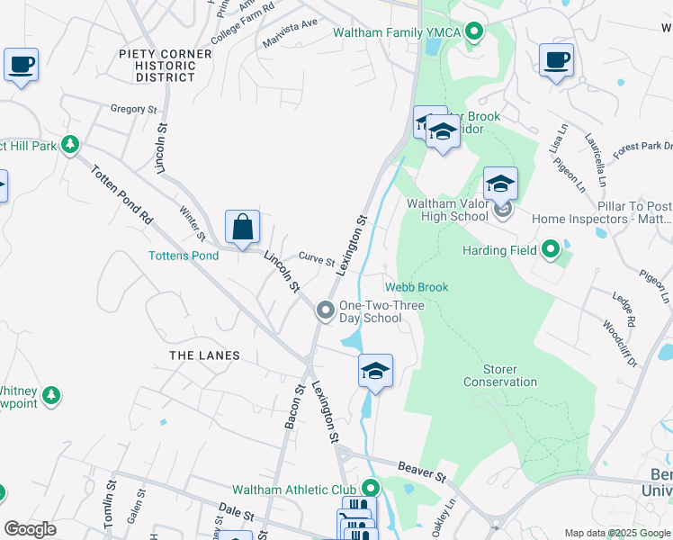 map of restaurants, bars, coffee shops, grocery stores, and more near 480 Lexington Street in Waltham
