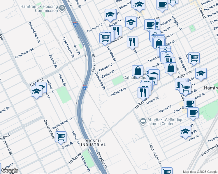 map of restaurants, bars, coffee shops, grocery stores, and more near 1935 Norwalk Street in Hamtramck