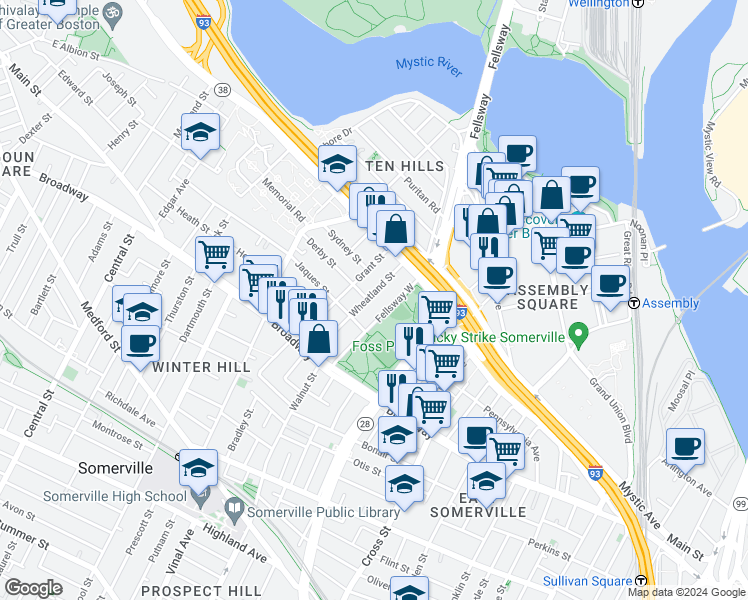 map of restaurants, bars, coffee shops, grocery stores, and more near in Middlesex County