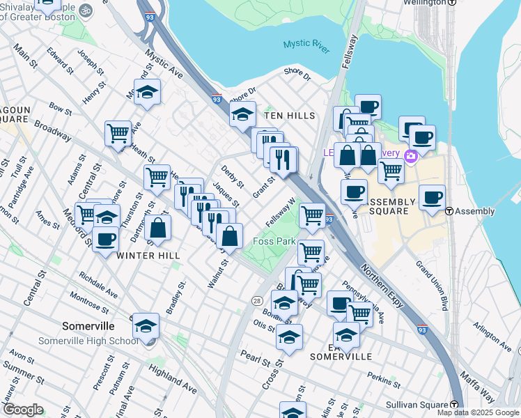 map of restaurants, bars, coffee shops, grocery stores, and more near 19 Jaques Street in Somerville
