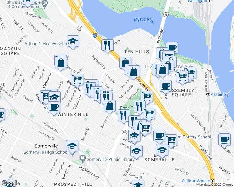 map of restaurants, bars, coffee shops, grocery stores, and more near 19 Jaques Street in Somerville