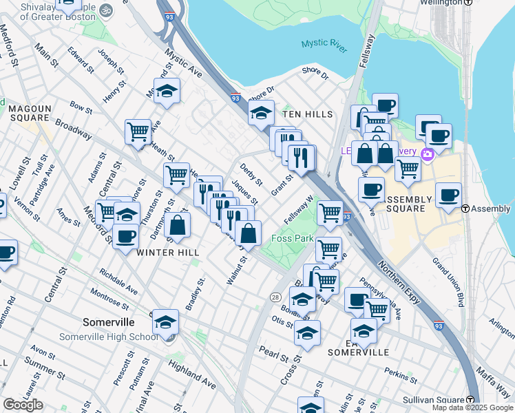 map of restaurants, bars, coffee shops, grocery stores, and more near 19 Jaques Street in Somerville