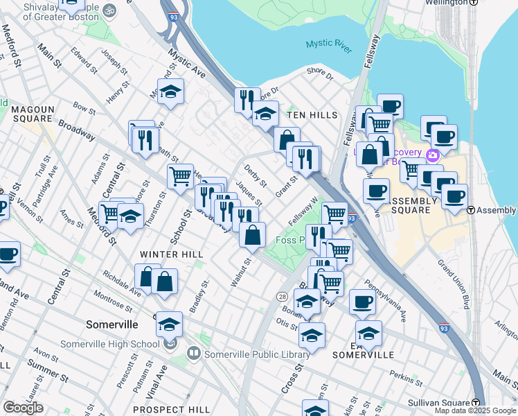 map of restaurants, bars, coffee shops, grocery stores, and more near 11 Sewall Street in Somerville
