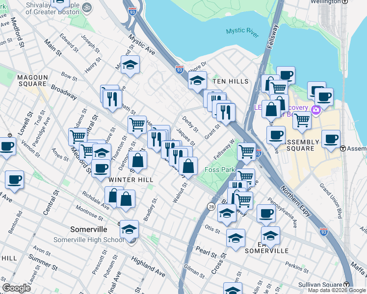 map of restaurants, bars, coffee shops, grocery stores, and more near 11 Sewall Street in Somerville