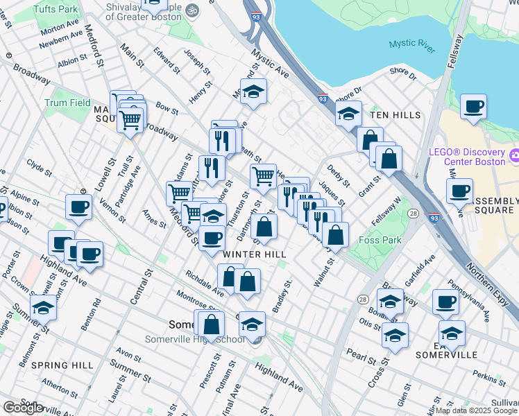 map of restaurants, bars, coffee shops, grocery stores, and more near 59 Dartmouth Street in Somerville