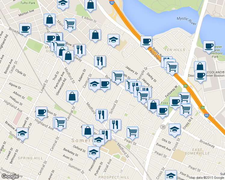 map of restaurants, bars, coffee shops, grocery stores, and more near 59 Dartmouth Street in Somerville