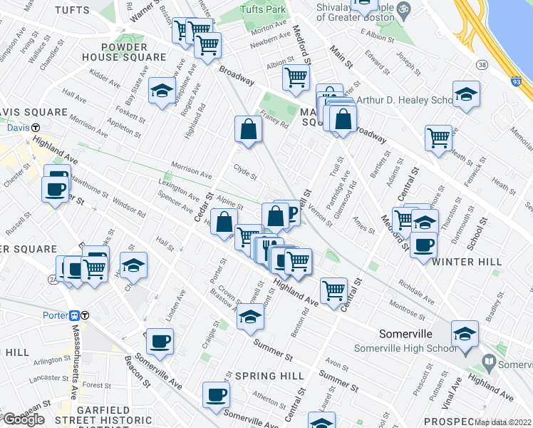 map of restaurants, bars, coffee shops, grocery stores, and more near 24 Princeton Street in Somerville