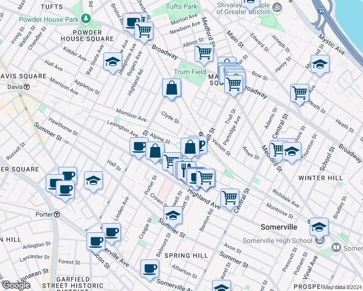 map of restaurants, bars, coffee shops, grocery stores, and more near 24 Princeton Street in Somerville