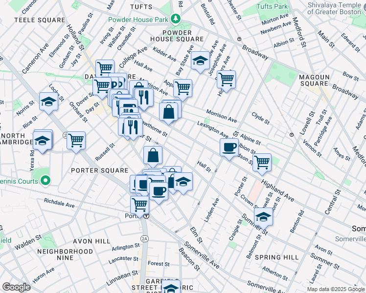 map of restaurants, bars, coffee shops, grocery stores, and more near 18 Charnwood Road in Somerville