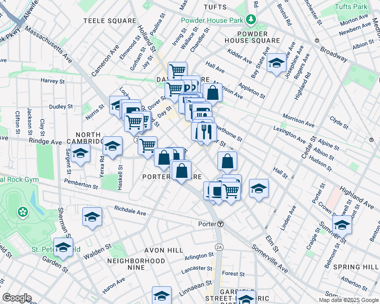 map of restaurants, bars, coffee shops, grocery stores, and more near 19 Tenney Street in Cambridge