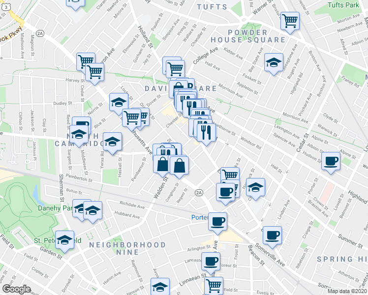 map of restaurants, bars, coffee shops, grocery stores, and more near 88 Orchard Street in Somerville