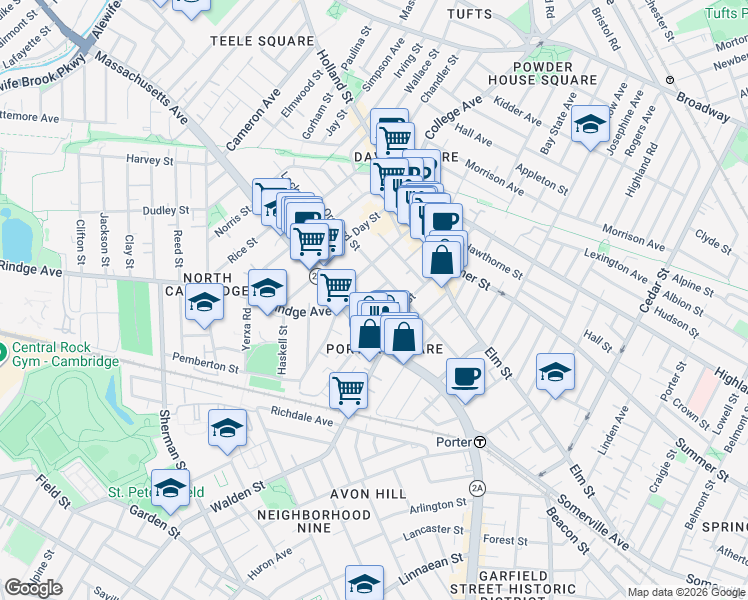 map of restaurants, bars, coffee shops, grocery stores, and more near 15 Milton Street in Cambridge