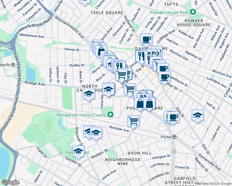 map of restaurants, bars, coffee shops, grocery stores, and more near 22 Haskell Street in Cambridge