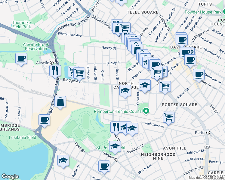map of restaurants, bars, coffee shops, grocery stores, and more near 195 Sherman Street in Cambridge
