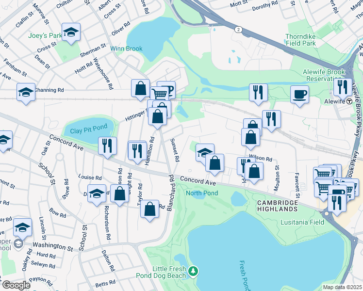 map of restaurants, bars, coffee shops, grocery stores, and more near 42 Sunset Road in Cambridge
