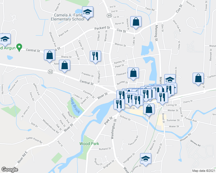 map of restaurants, bars, coffee shops, grocery stores, and more near 14 Rice Street in Hudson