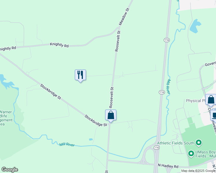 map of restaurants, bars, coffee shops, grocery stores, and more near 41 Roosevelt Street in Hadley