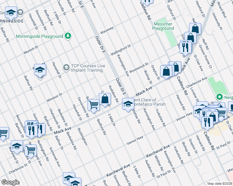 map of restaurants, bars, coffee shops, grocery stores, and more near 3476 Audubon Road in Detroit