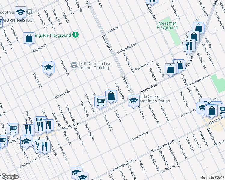 map of restaurants, bars, coffee shops, grocery stores, and more near 3600 Courville Street in Detroit