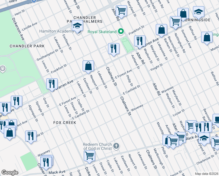 map of restaurants, bars, coffee shops, grocery stores, and more near 4707 Lakewood Street in Detroit