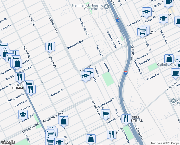 map of restaurants, bars, coffee shops, grocery stores, and more near 10296 Goodwin Street in Detroit