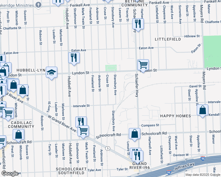 map of restaurants, bars, coffee shops, grocery stores, and more near 14326 Cruse Street in Detroit