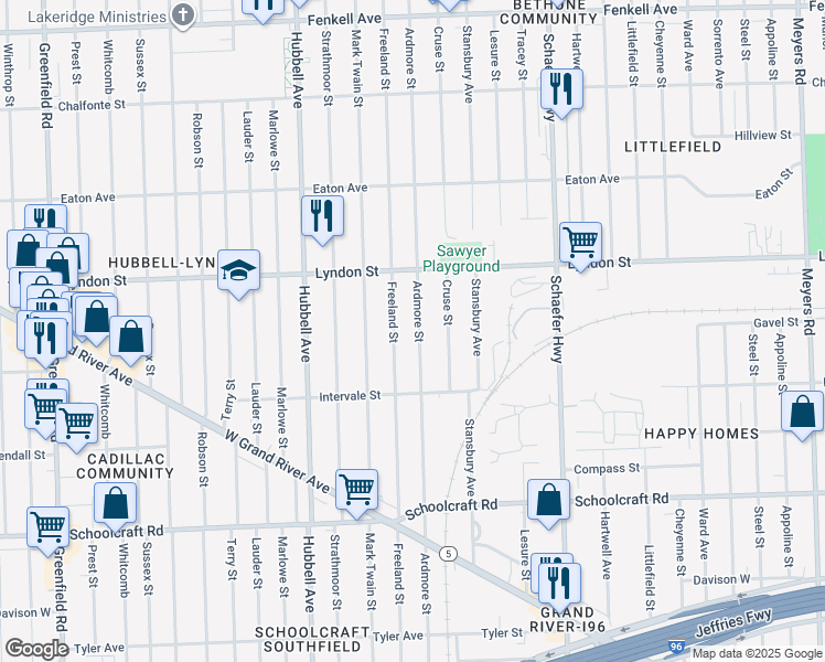 map of restaurants, bars, coffee shops, grocery stores, and more near 14328 Ardmore Street in Detroit