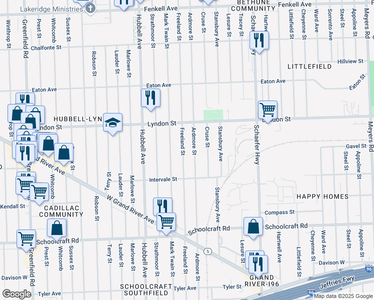 map of restaurants, bars, coffee shops, grocery stores, and more near 14335 Freeland Street in Detroit
