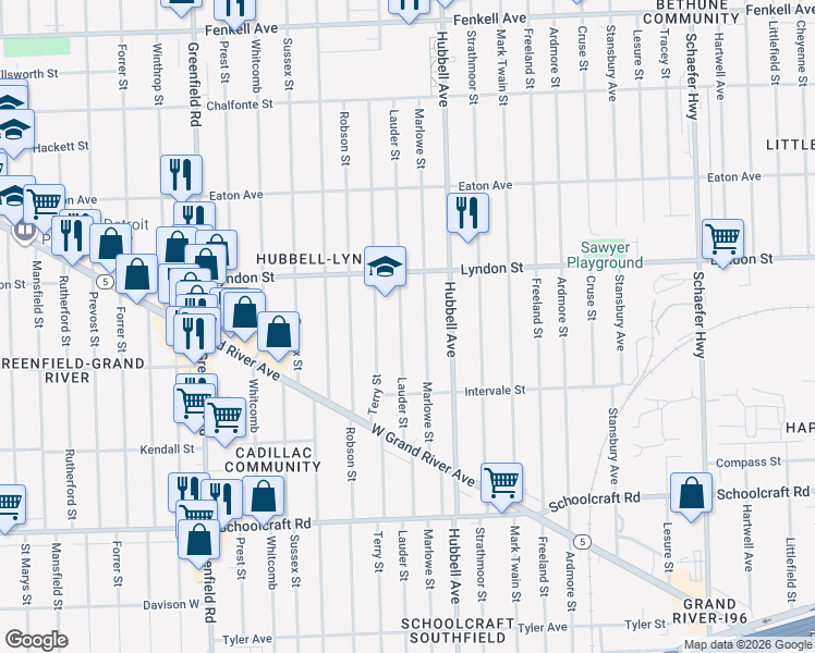 map of restaurants, bars, coffee shops, grocery stores, and more near 14345 Marlowe Street in Detroit