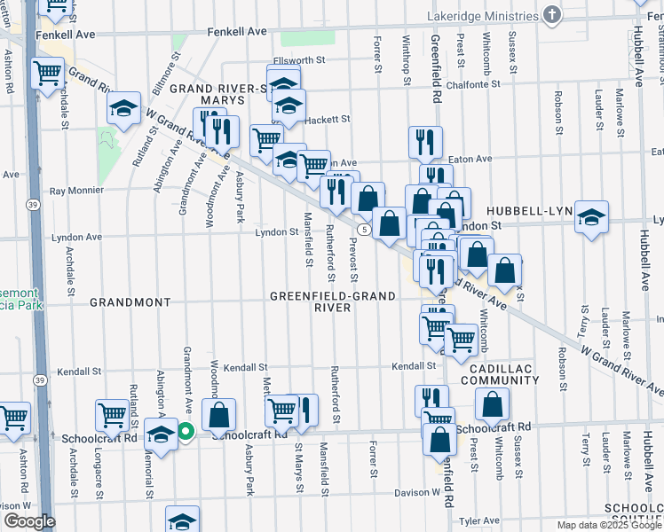 map of restaurants, bars, coffee shops, grocery stores, and more near 14390 Rutherford Street in Detroit