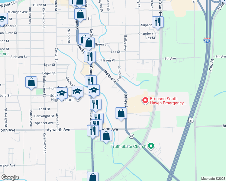 map of restaurants, bars, coffee shops, grocery stores, and more near 723 Arbor Court in South Haven