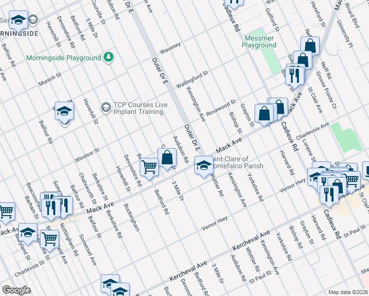 map of restaurants, bars, coffee shops, grocery stores, and more near 3476 Audubon Road in Detroit
