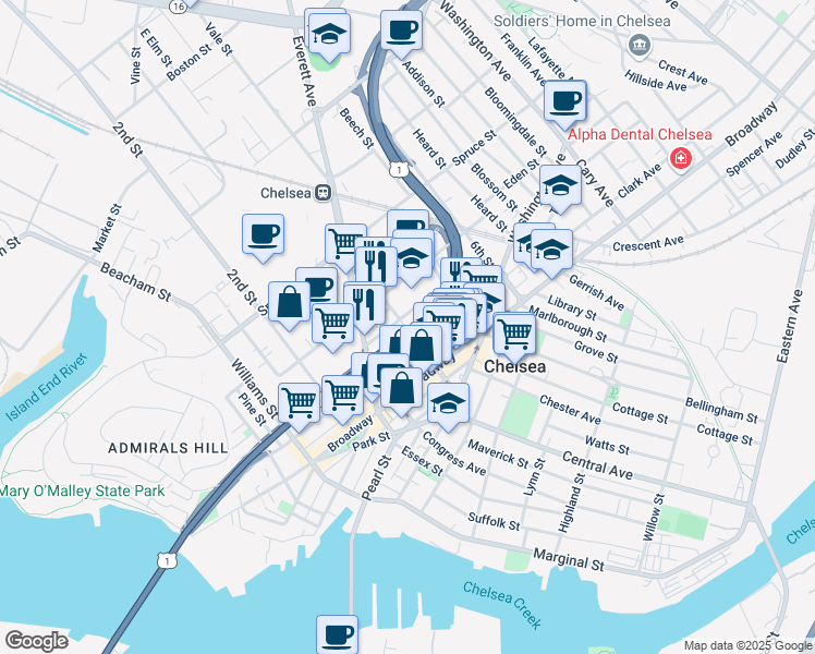 map of restaurants, bars, coffee shops, grocery stores, and more near 65 4th Street in Chelsea