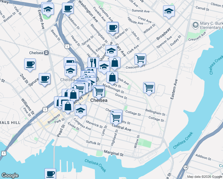 map of restaurants, bars, coffee shops, grocery stores, and more near 49 Marlborough Street in Chelsea
