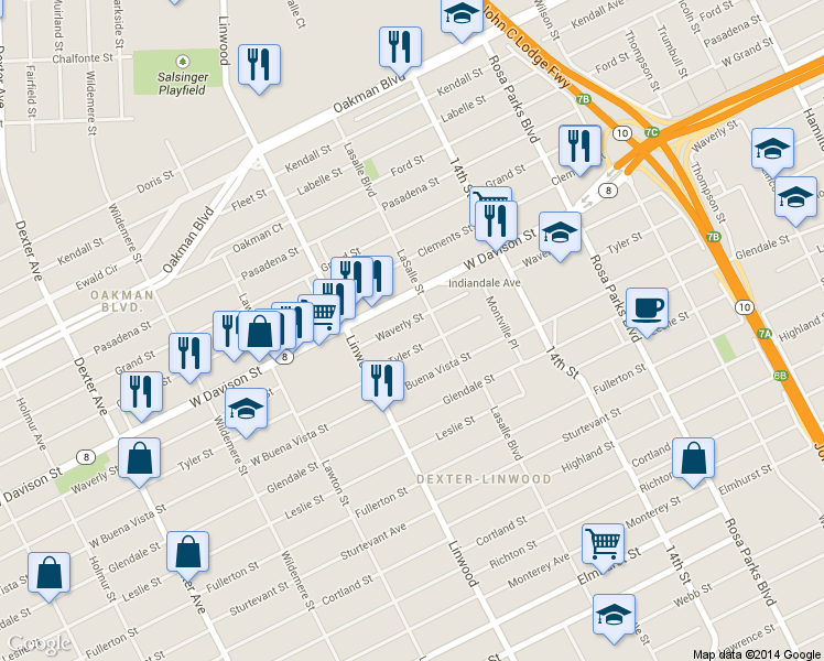 map of restaurants, bars, coffee shops, grocery stores, and more near 2449 Waverly St in Detroit