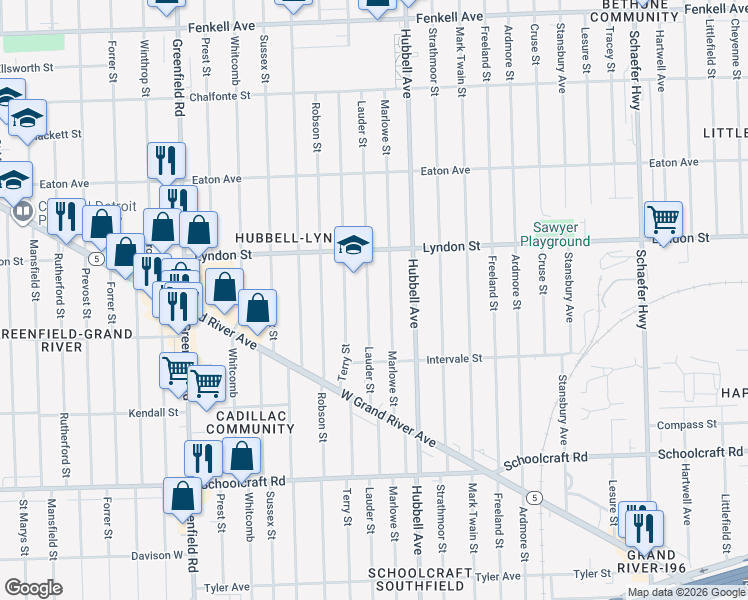 map of restaurants, bars, coffee shops, grocery stores, and more near 14345 Marlowe Street in Detroit