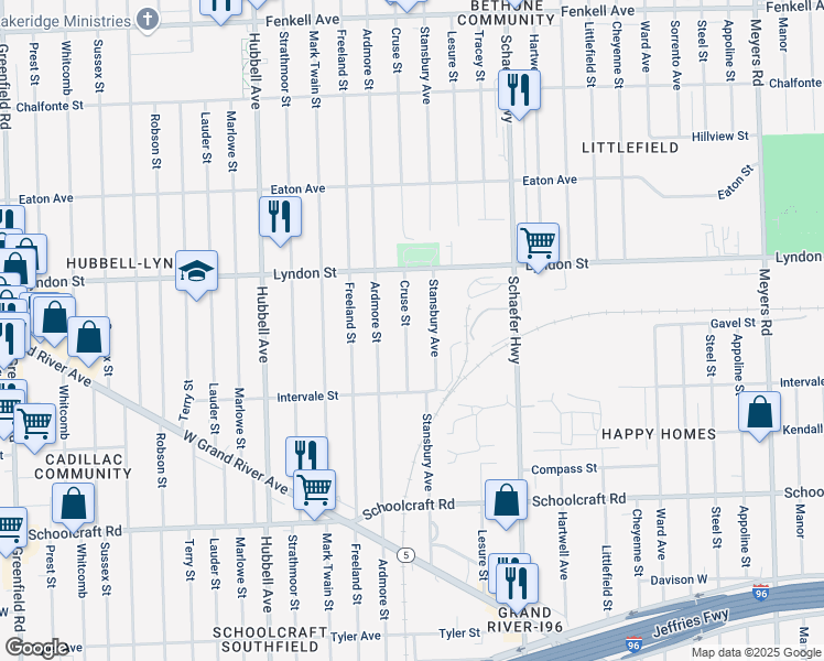 map of restaurants, bars, coffee shops, grocery stores, and more near 14326 Cruse Street in Detroit
